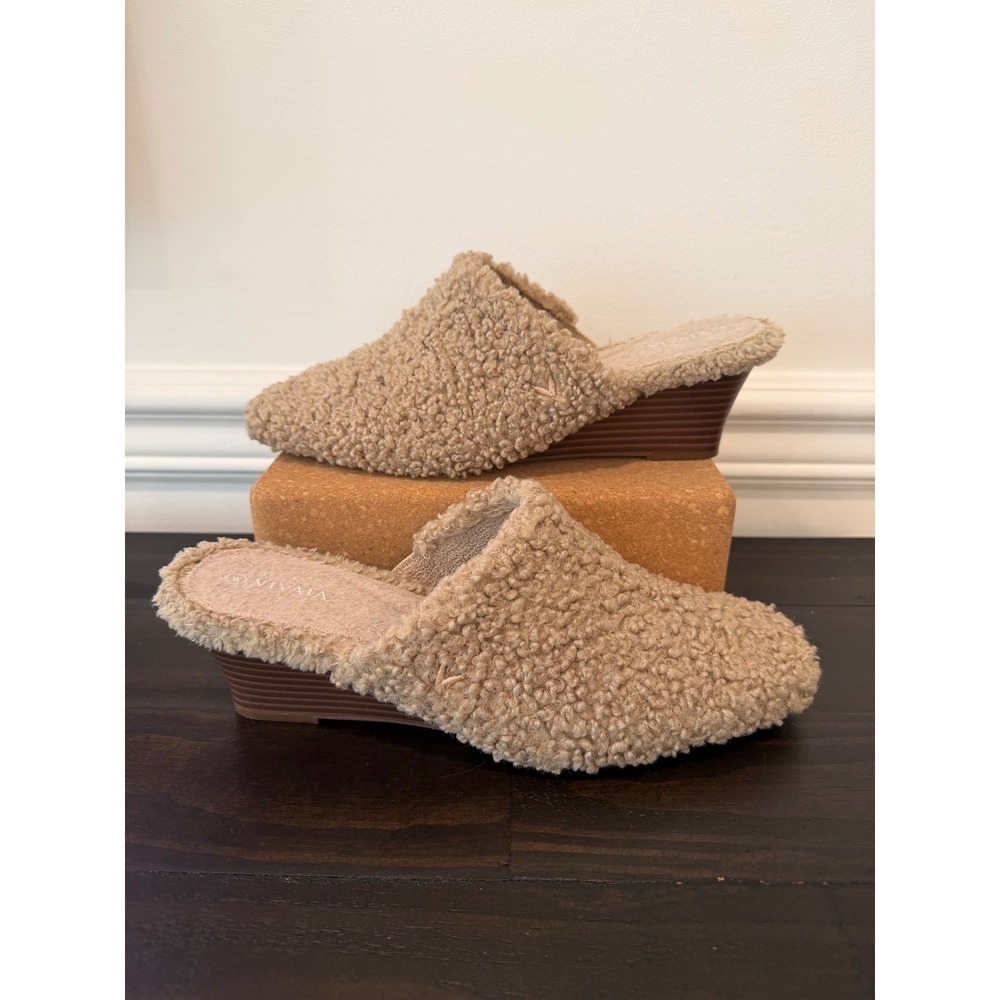 Vivaia Margot Square Toe Sherpa Wedge Mules Tan Size 9